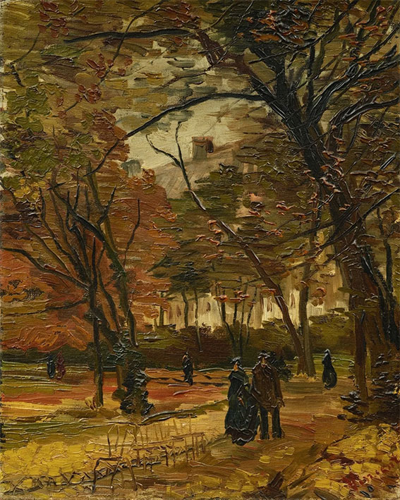 Gente paseando por un parque en París en Otoño. Van Gogh