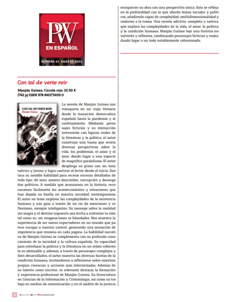 RESEÑA DE «CON TAL DE VERTE REÍR» EN PUBLISHERS WEEKLY Manjón Guinea