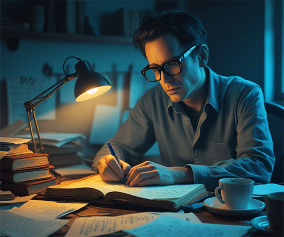 EL REINADO DE LOS IGNORANTES 2 Escritor en la noche elaborando su ensayo